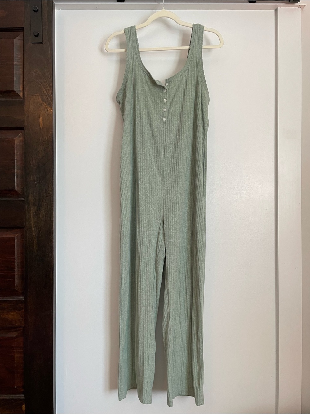 Sleeveless Ribbed Wide-Leg Jumpsuit in Sage Green